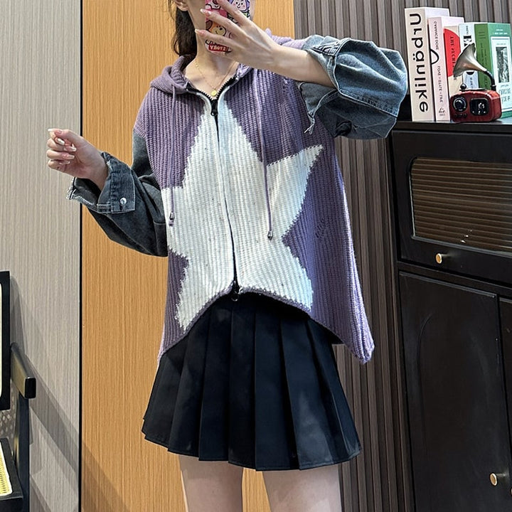 【outer】デニム切り替えニットカーデ　M18150