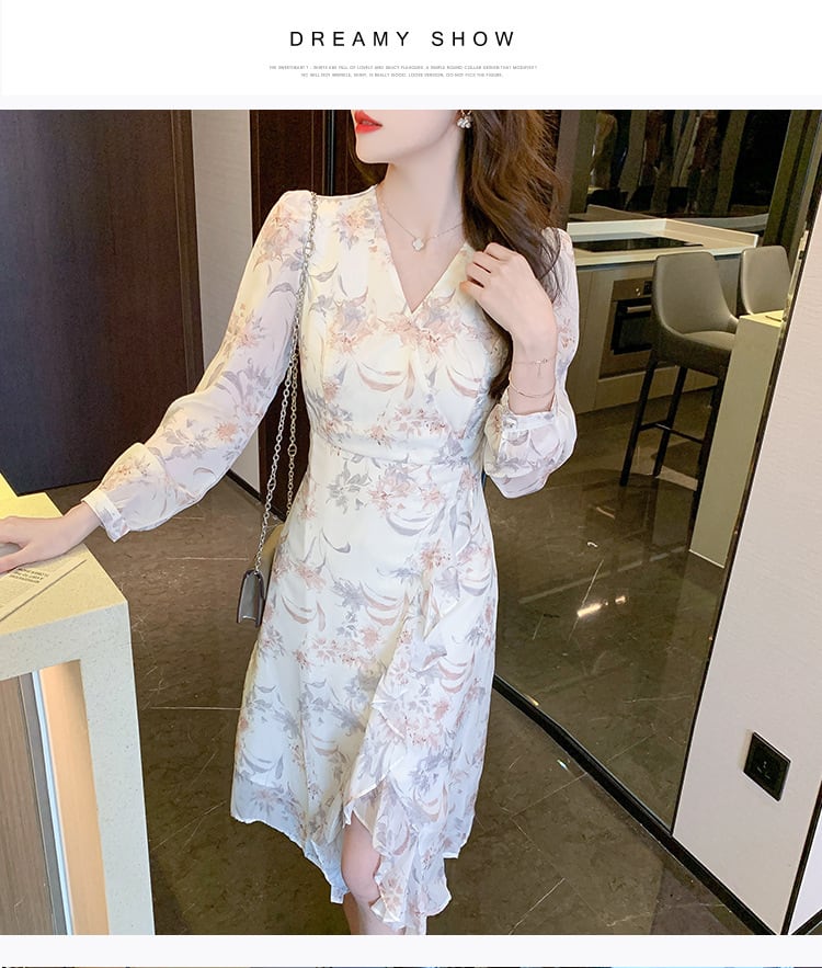 【dress】早い者勝ちVネックスリット花柄ワンピース　M17304