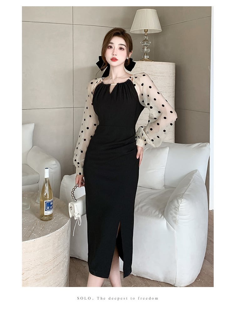【dress】ドット柄切り替えスリットワンピース　M17714