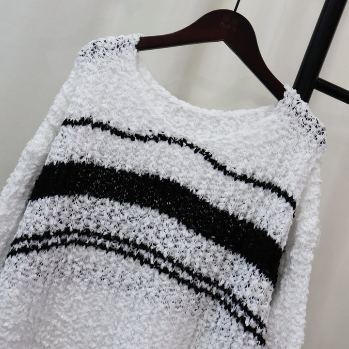 【tops】クルーネックボーダー柄ニットセーター　M18265