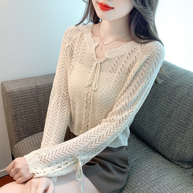 【tops】優しい雰囲気カットワークニットトップスゆったり　M17087