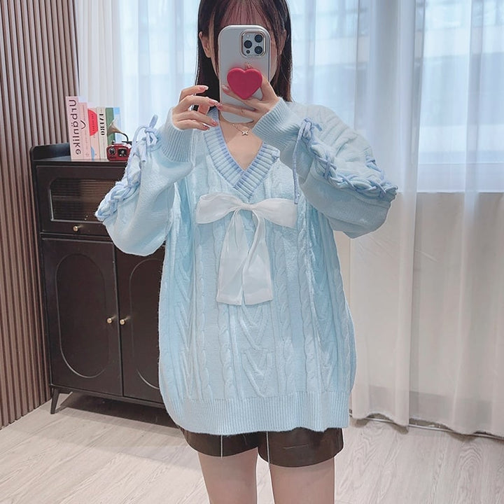 【tops】リボン付きレースアップニットセーター　N2714