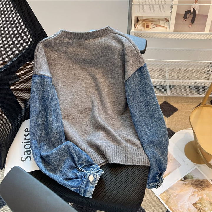 【tops】刺繍デニム切り替えニットセーター　M17706