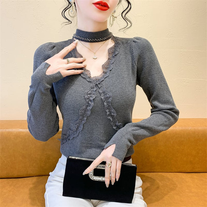 【tops】ビジューレース切り替えニットトップス　M27732