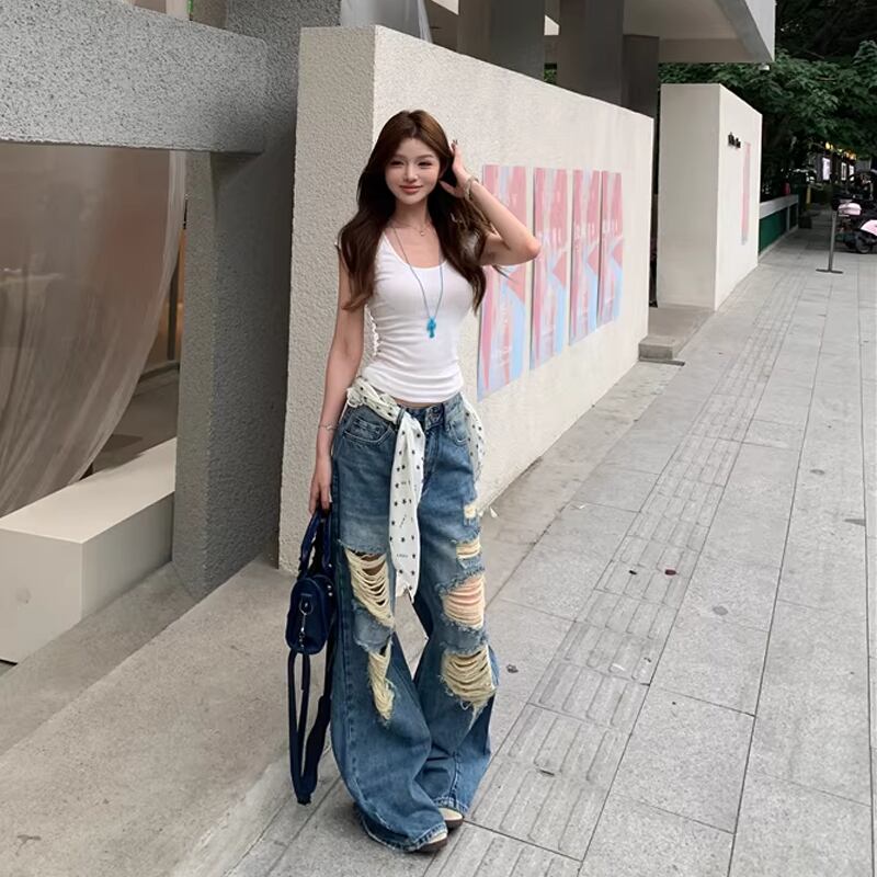 【bottoms】ダメージ加工デニムパンツ Q8303