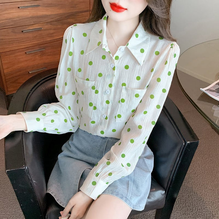 【tops】POLOネックドット柄シャツトップス　M17373