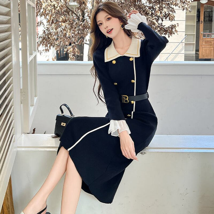 【dress】レースドッキングニットワンピース Q7584