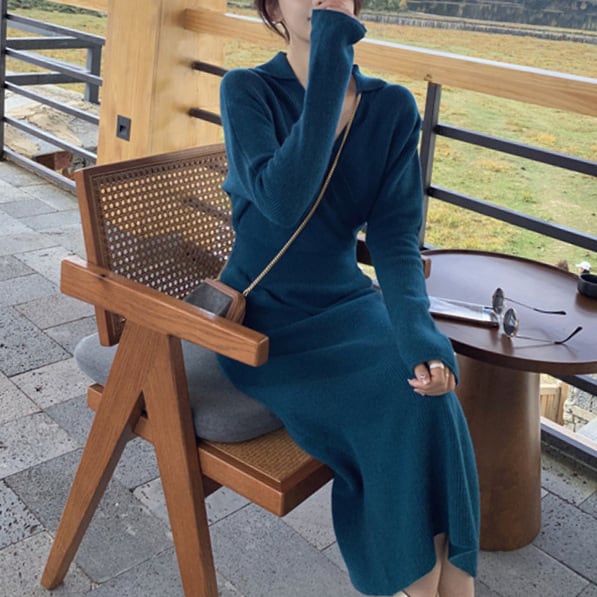 【dress】Vネック折り襟ニットワンピース　M17909