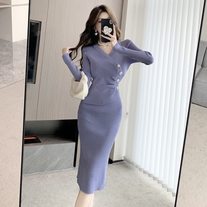【dress】人気を独占中 ボタンデザインニットワンピース　M17591
