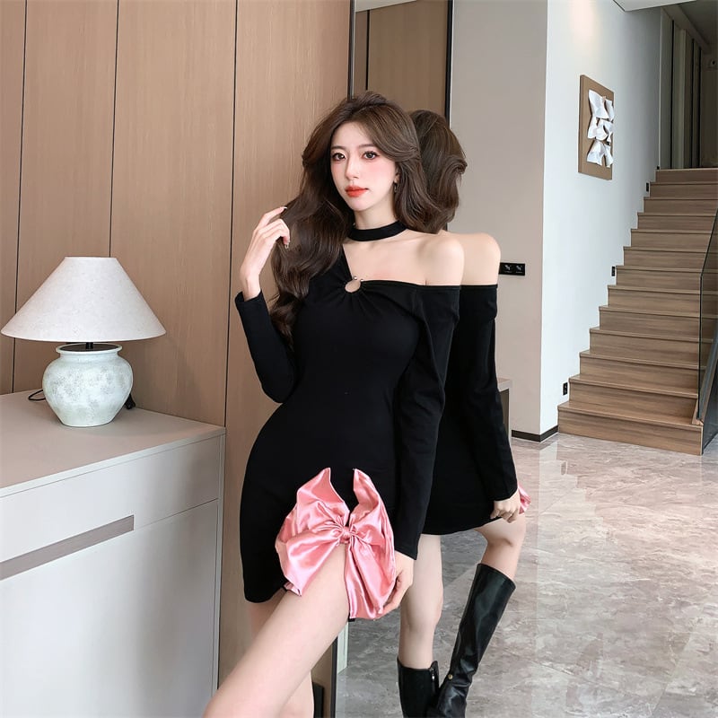 【dress】細身効果抜群♪リボン付きデートワンピース　M17538