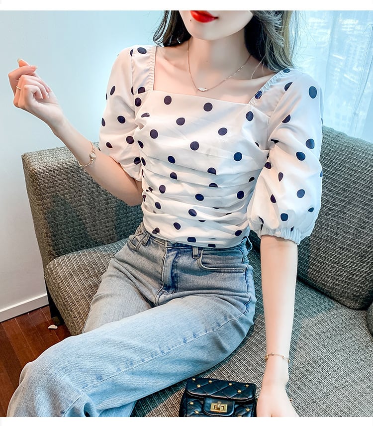 【tops】好感度UPスウィートパフスリーブドット柄トップス　M17298