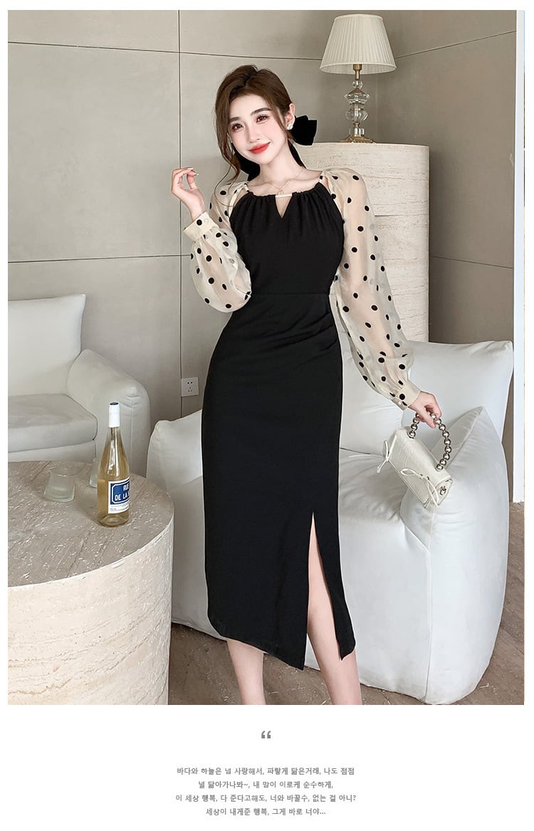 【dress】ドット柄切り替えスリットワンピース　M17714