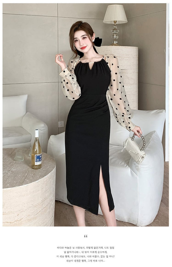 【dress】ドット柄切り替えスリットワンピース　M17714
