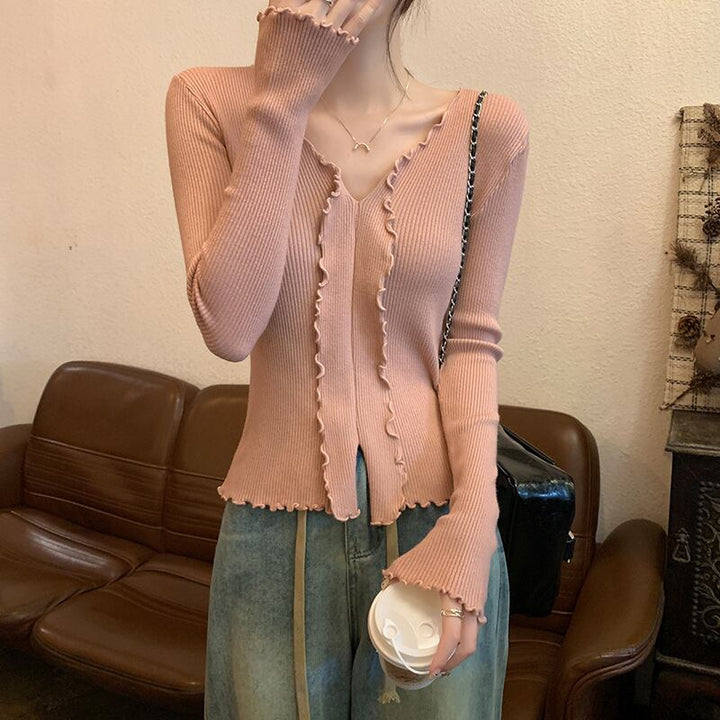 【tops】Vネックフリルニットトップス　M18839