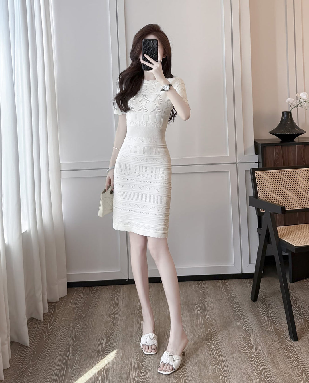 【dress】半袖透かし編みニットワンピース Q8492