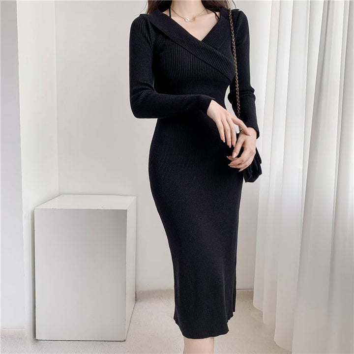 【dress】おしゃれ大人気Vネック無地ニットワンピース　M17566