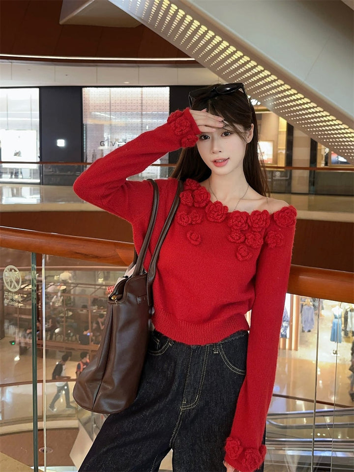 【tops】フラワーモチーフニットセーター　M26116