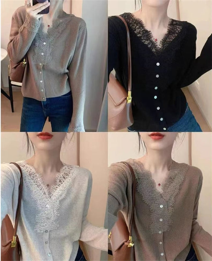 【tops】レース切り替えニットトップス　M25992