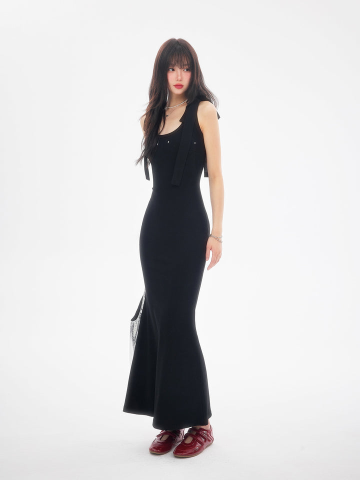 【dress】ショルダーリボンシェイプリブカットロングワンピース　N3520
