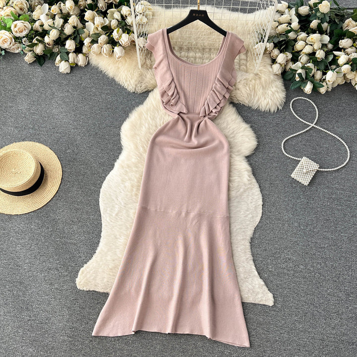 【dress】おしゃれ！フリル薄手ニットワンピース着瘦せ　M16865