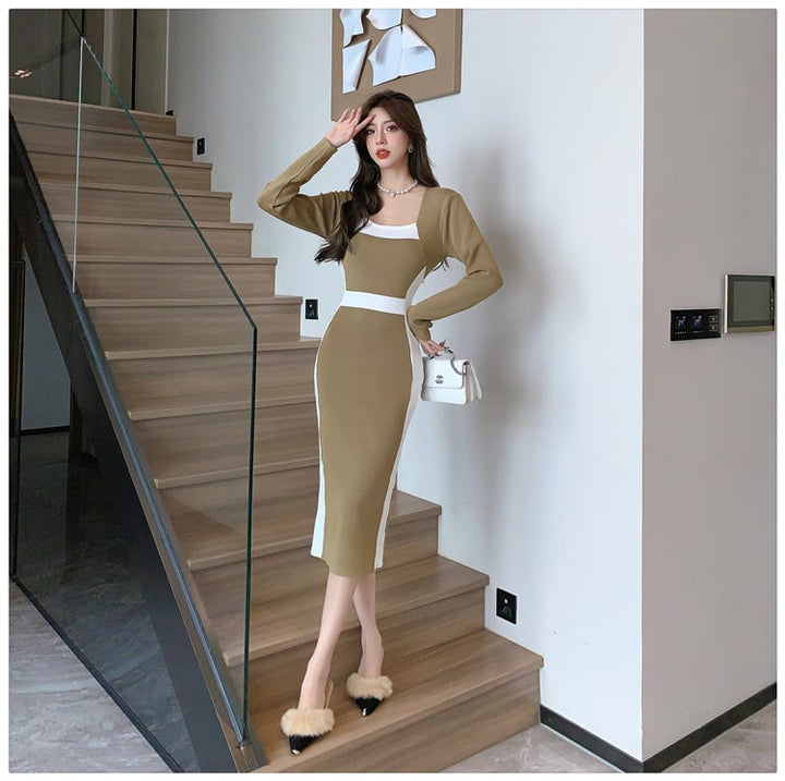 【dress】早い者勝ち切り替えニットワンピース着瘦せ　M17510