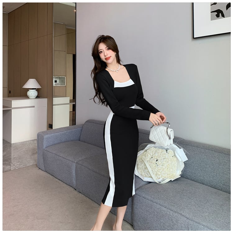 【dress】早い者勝ち切り替えニットワンピース着瘦せ　M17510