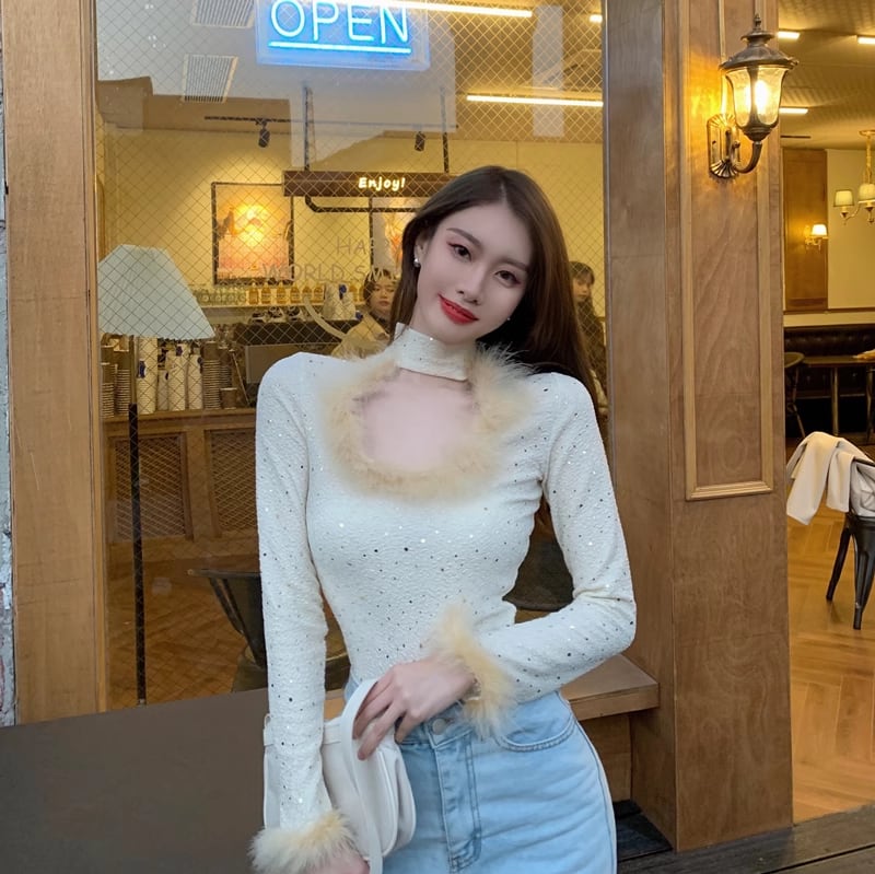 【tops】ファーキラキラカットワークトップス　M18075