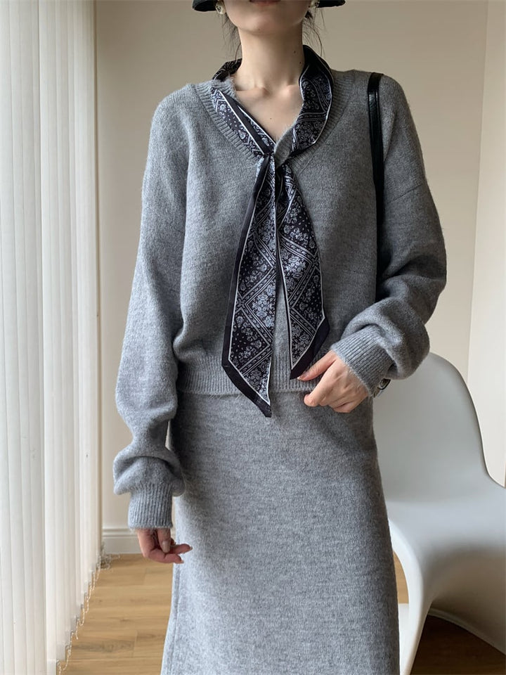 【set】スカーフ付きニットトップス×ロングスカートセット　N3452
