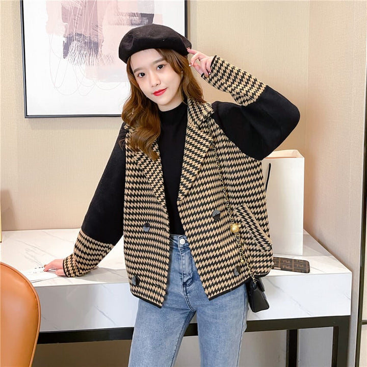 【outer】千鳥格子ドッキングニットコート　M18143