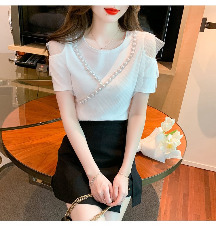 【tops】好感度UP 切り替えオフショルダーTシャツトップス　M16841