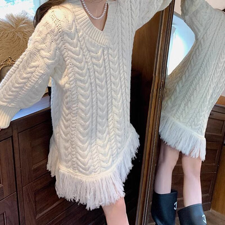 【dress】Vネックフリンジセーターワンピース　M18333