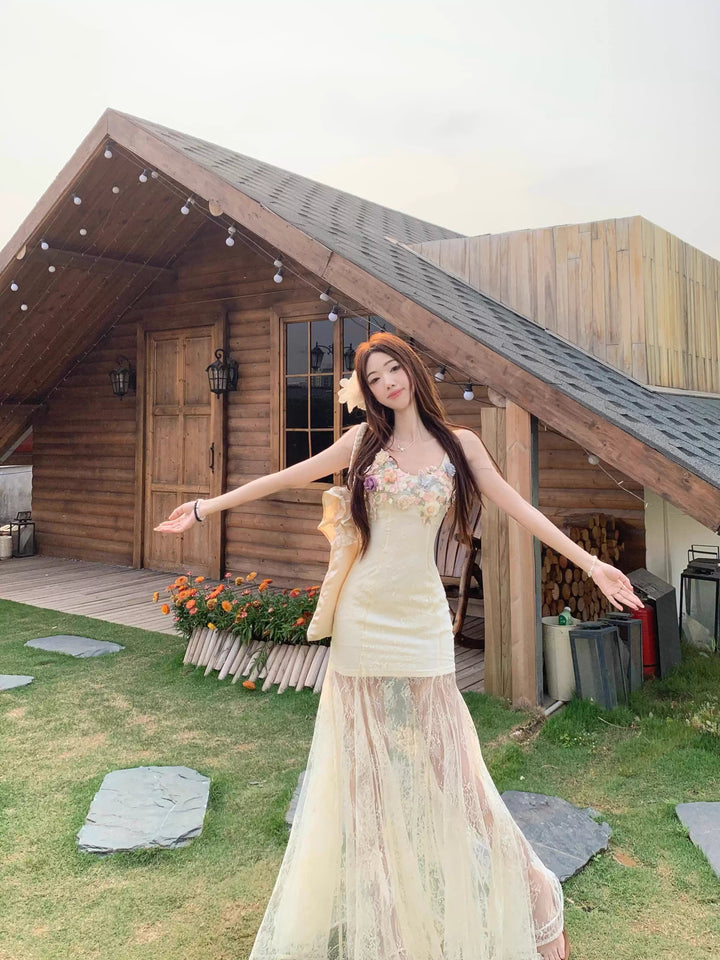 【dress】フラワー付きチュールドッキングロングキャミワンピース Q8259