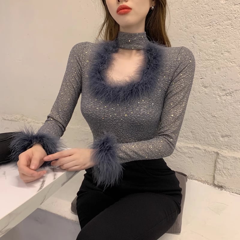 【tops】ファーキラキラカットワークトップス　M18075
