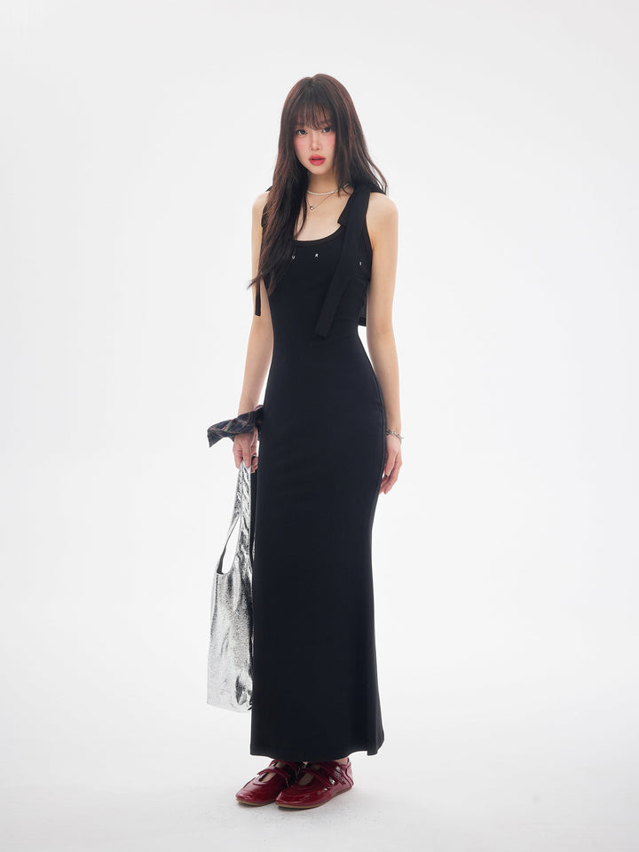 【dress】ショルダーリボンシェイプリブカットロングワンピース　N3520
