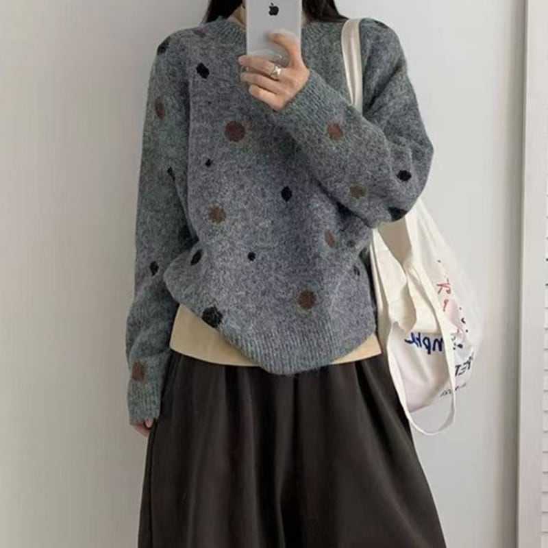 【tops】ドット柄ニットトップス Q7776