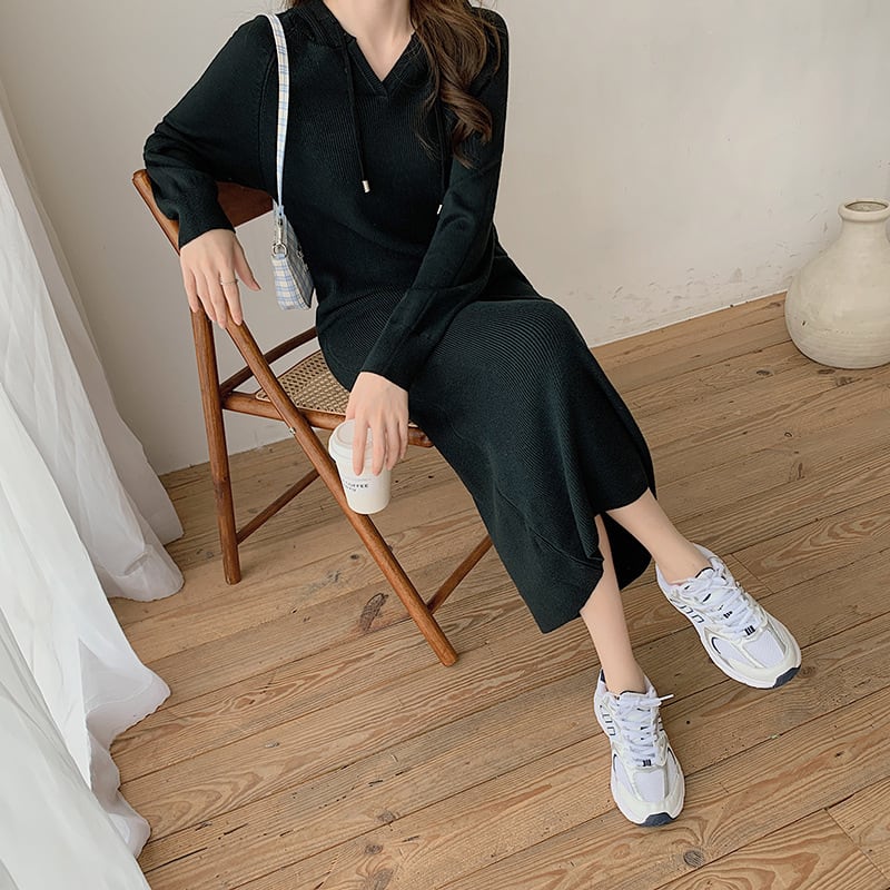 【dress】フード付きニットワンピース韓国系超人気　M17661