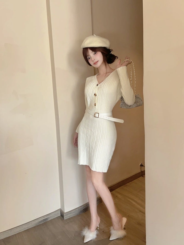 【dress】Vネックニットワンピース　M28378
