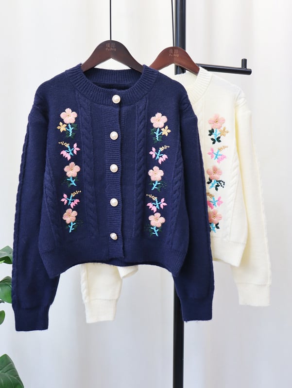 【outer】刺繍クルーネックニットカーディガン　M17783