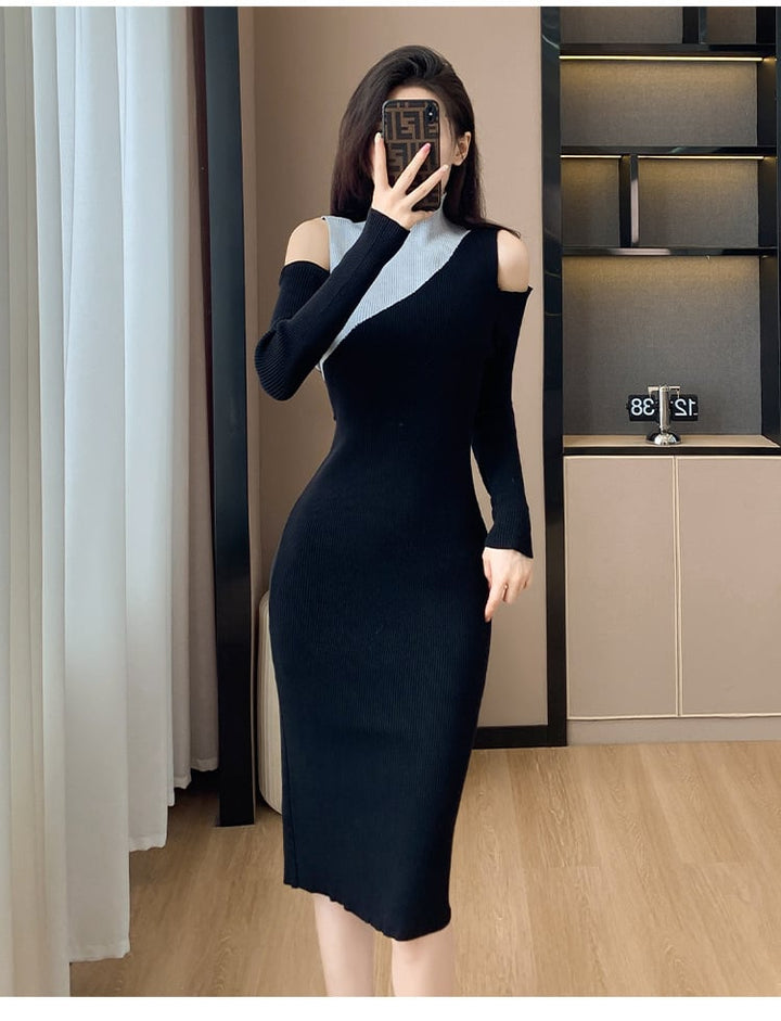 【dress】韓国系オフショルダーニットワンピース　M17599