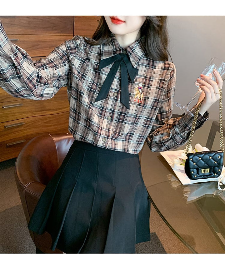 【tops】気質満点大人可愛いリボン付きチェック柄シャツ　M17329
