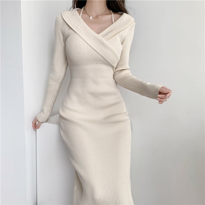 【dress】おしゃれ大人気Vネック無地ニットワンピース　M17566