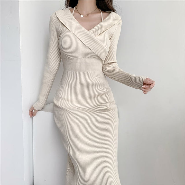 【dress】おしゃれ大人気Vネック無地ニットワンピース　M17566