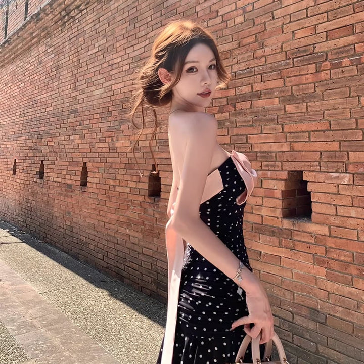 【dress】ドット柄リボン付きロングワンピース Q8374