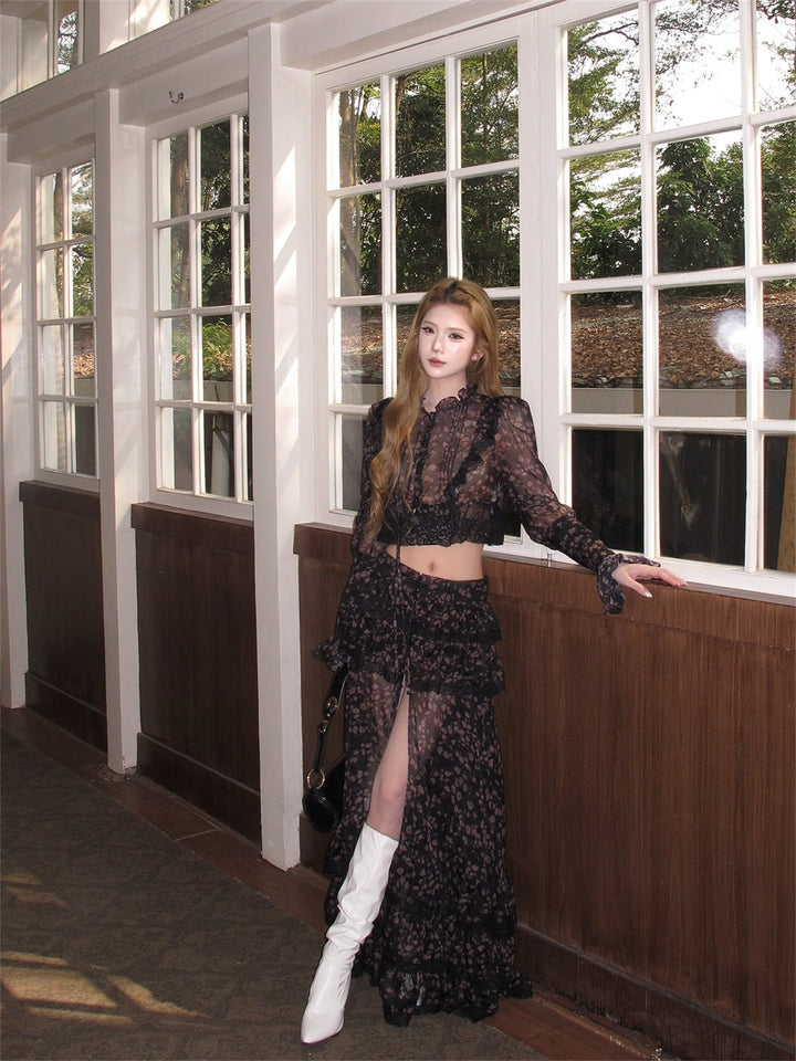 【set】フラワー柄シフォントップス×ティアードスカートセット Q8496
