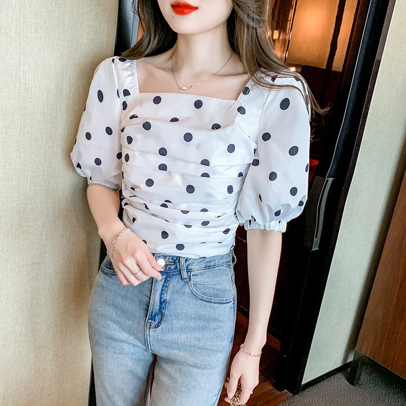 【tops】好感度UPスウィートパフスリーブドット柄トップス　M17298