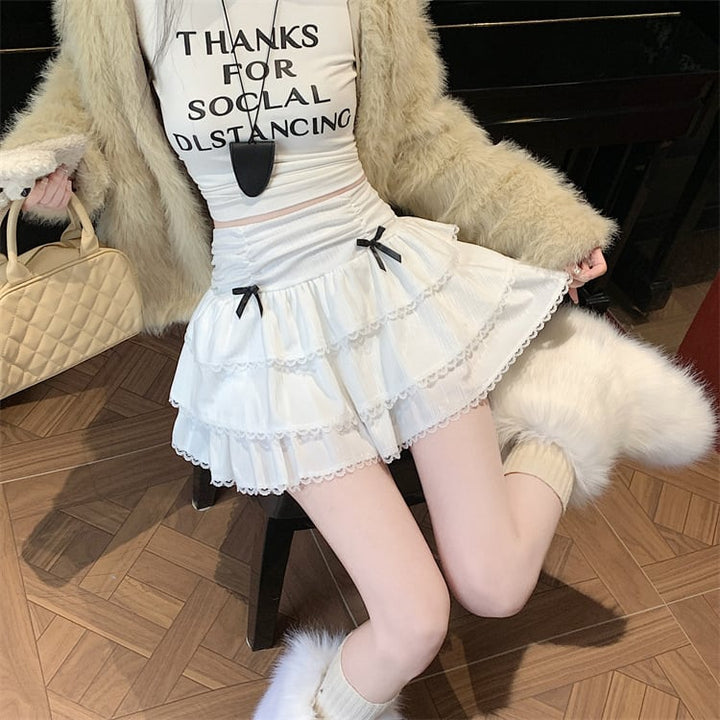 【bottoms】リボン付きレース切り替えスカート　M28257