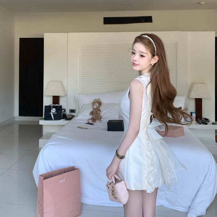 【dress】バックリボンレースドッキングミニワンピース Q8390