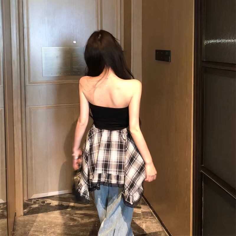 【tops】チェック柄ドッキングチューブトップス Q8349