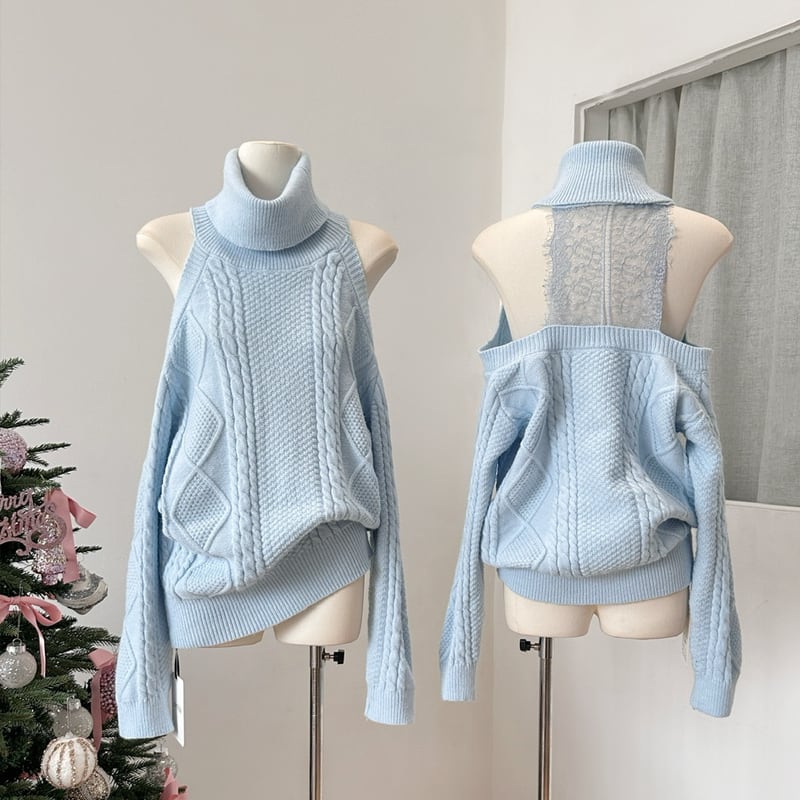 【tops】ハイネックレースドッキングニットトップス Q7630