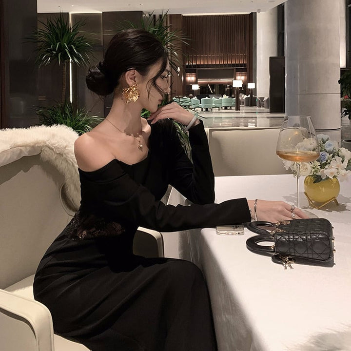 【dress】オフショルダーレース切り替えワンピース　M28707